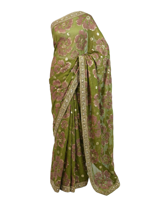 Olive Green Organza Saree with Grand Pink-Gold Floral Embroidery & Statement Border