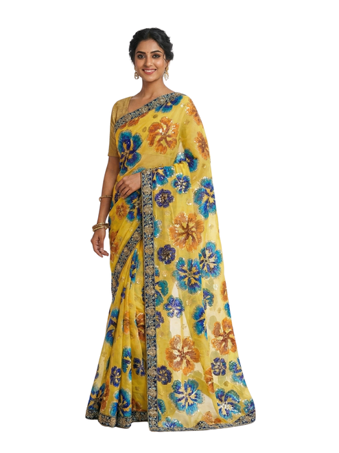 Sunshine Yellow Floral Printed Saree with Embroidered Blue Border