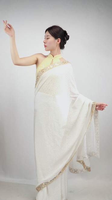 Timeless White Jacquard Saree with Embroidered Pastel Border Timeless White Jacquard Saree with Embroidered Pastel Border