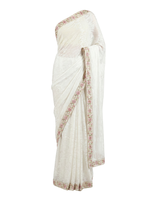 Timeless White Jacquard Saree with Embroidered Pastel Border
