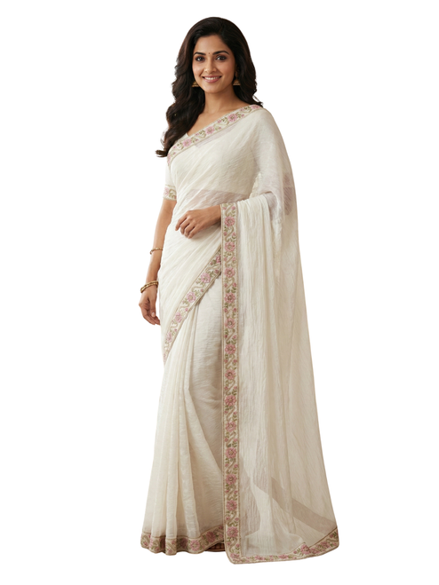 Timeless White Jacquard Saree with Embroidered Pastel Border