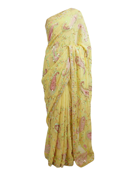 Sunshine Yellow Saree with Elegant Embellished Border & Subtle Paisley Accents