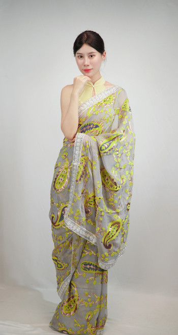 Elegant Grey Organza Saree with Neon Green Paisley Embroidery and Silver Scalloped Border Elegant Grey Organza Saree with Neon Green Paisley Embroidery and Silver Scalloped Border