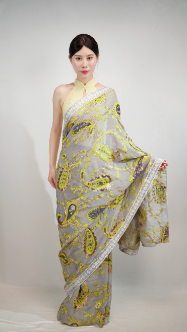 Elegant Grey Organza Saree with Neon Green Paisley Embroidery and Silver Scalloped Border Elegant Grey Organza Saree with Neon Green Paisley Embroidery and Silver Scalloped Border
