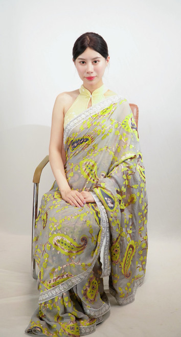 Elegant Grey Organza Saree with Neon Green Paisley Embroidery and Silver Scalloped Border Elegant Grey Organza Saree with Neon Green Paisley Embroidery and Silver Scalloped Border