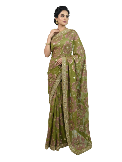 Elegant Green Organza Saree with Neon Green Paisley Embroidery and Silver Scalloped Border