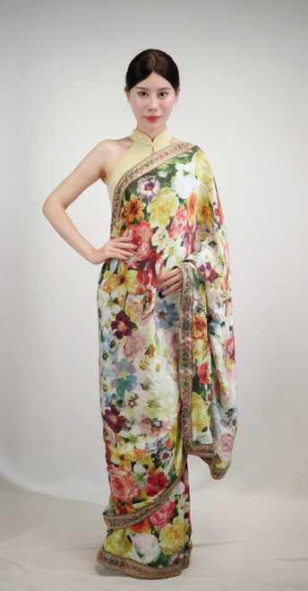 Blooming Bouquet Floral Satin Saree with Ornate Embroidered Border Blooming Bouquet Floral Satin Saree with Ornate Embroidered Border