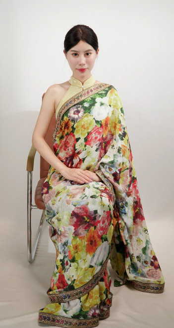 Blooming Bouquet Floral Satin Saree with Ornate Embroidered Border Blooming Bouquet Floral Satin Saree with Ornate Embroidered Border