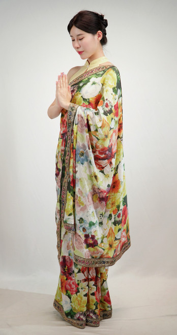Blooming Bouquet Floral Satin Saree with Ornate Embroidered Border Blooming Bouquet Floral Satin Saree with Ornate Embroidered Border