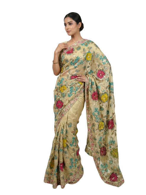 Blooming Bouquet Floral Satin Saree with Ornate Embroidered Border
