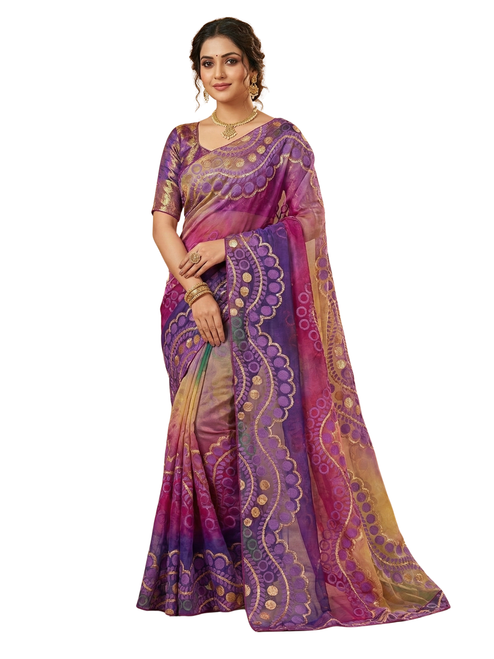 Multicolour Rainbow Pure Organza Saree with Scalloped Zari & Resham Embroidery