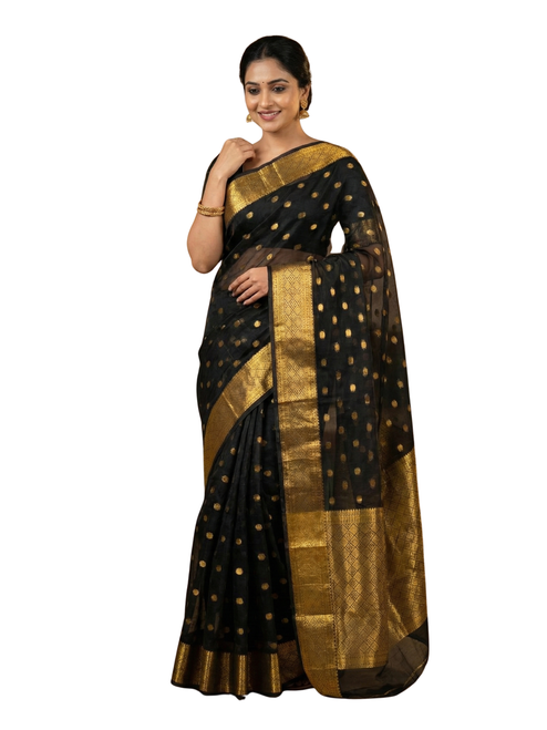 Black Pure Silk Saree with Gold Zari Buti & Rich Banarasi-Style Border