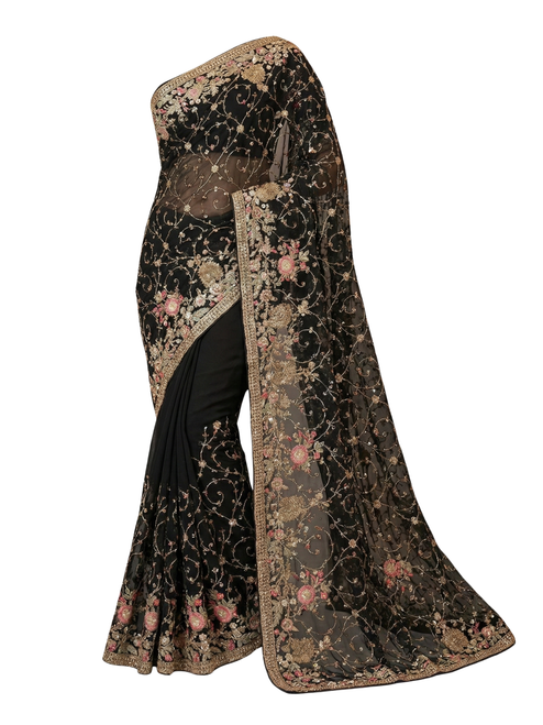 Black Pure Georgette Designer Saree with Heavy Multi-Colour Resham & Zari Embroidery