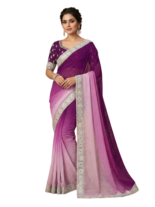 Wine & Blush-Pink Ombré Pure Silk Saree with Silver Gota-Patti Embroidery & Stonework