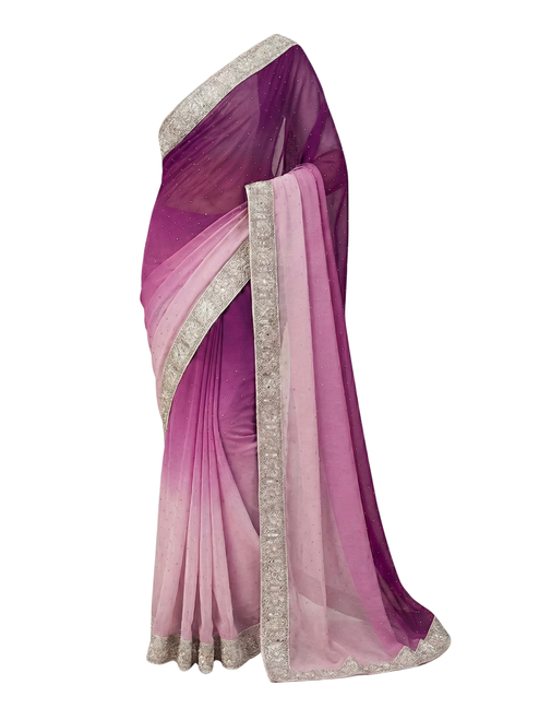 Wine & Blush-Pink Ombré Pure Silk Saree with Silver Gota-Patti Embroidery & Stonework