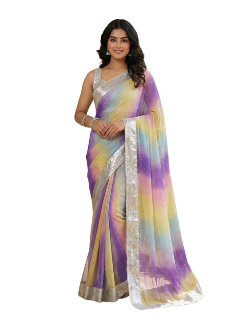 Pastel Rainbow Ombré Pure Silk Saree with Silver Sequin Work & Metallic Border