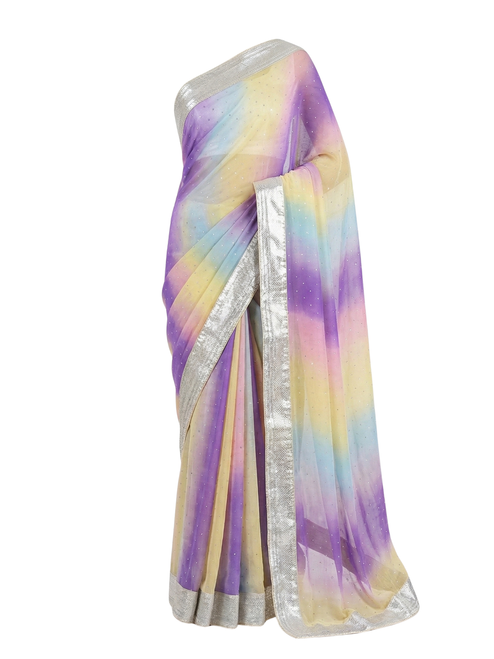 Pastel Rainbow Ombré Pure Silk Saree with Silver Sequin Work & Metallic Border
