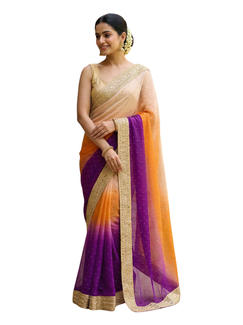 Multicolor Ombre Silk Saree with Stone Work and Golden Embroidered Border