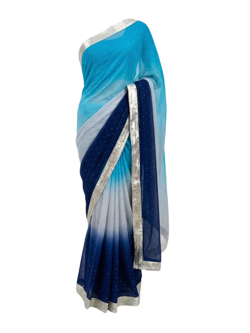 Tri-Color Ombre Silk Saree in Turquoise Blue, Grey, and Navy Blue with Stone Work and Silver Lace Border