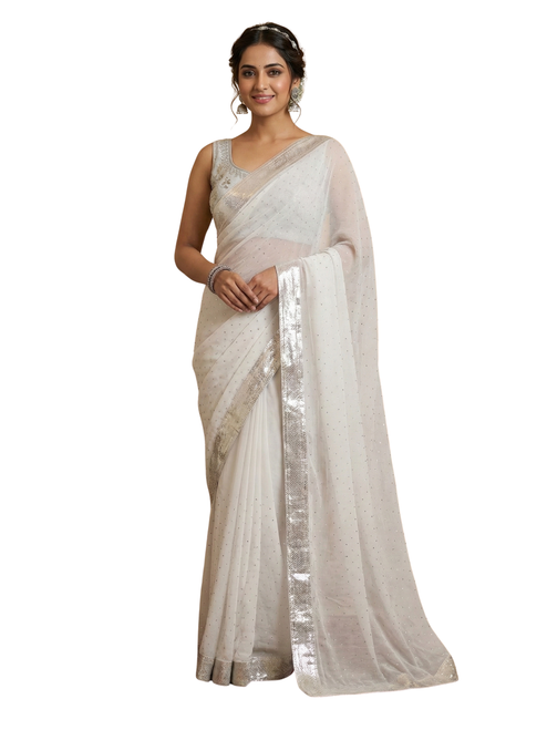 White Silk Saree with Stone Work and Silver Zari Border