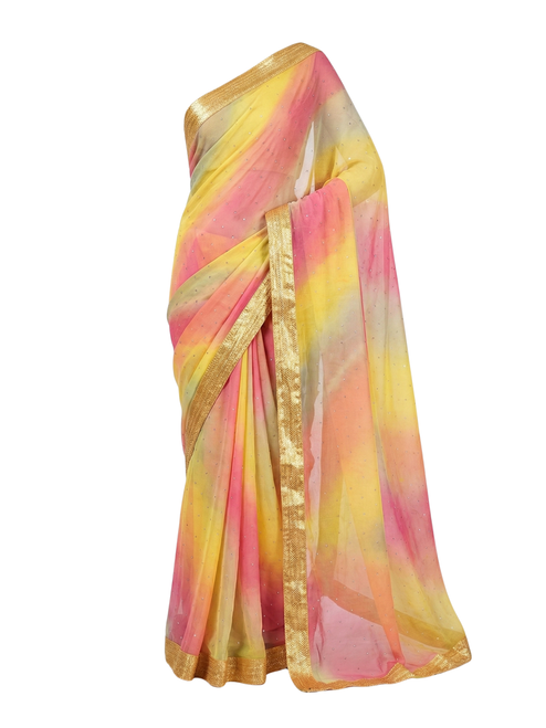 Multicolor Rainbow Ombre Silk Saree with Stone Work and Golden Lace Border