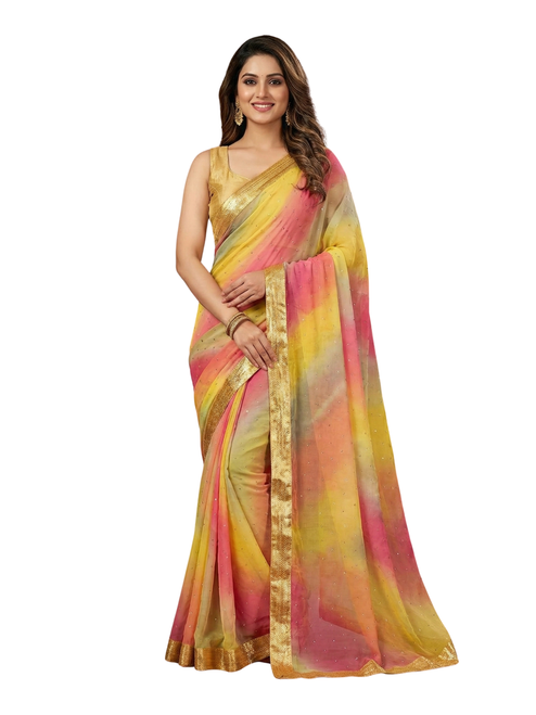 Multicolor Rainbow Ombre Silk Saree with Stone Work and Golden Lace Border