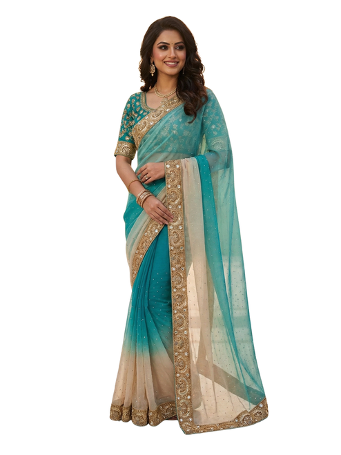 Dual-Tone Ombre Silk Saree in Turquoise and Cream with Mirror Work and Golden Embroidered Border