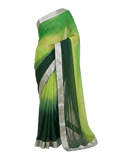 Tri-Color Ombre Silk Saree in Parrot Green, Lime, and Bottle Green with Stone Work and Silver Lace Border