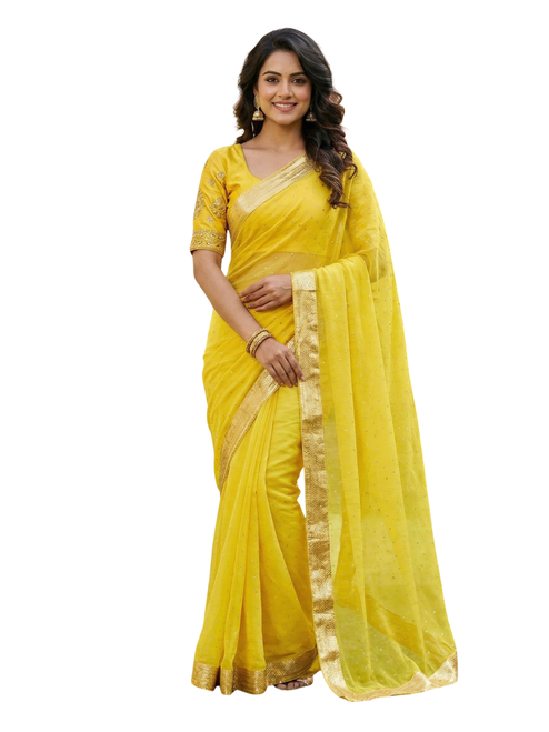 Yellow Silk Saree with Stone Work and Golden Zari Border