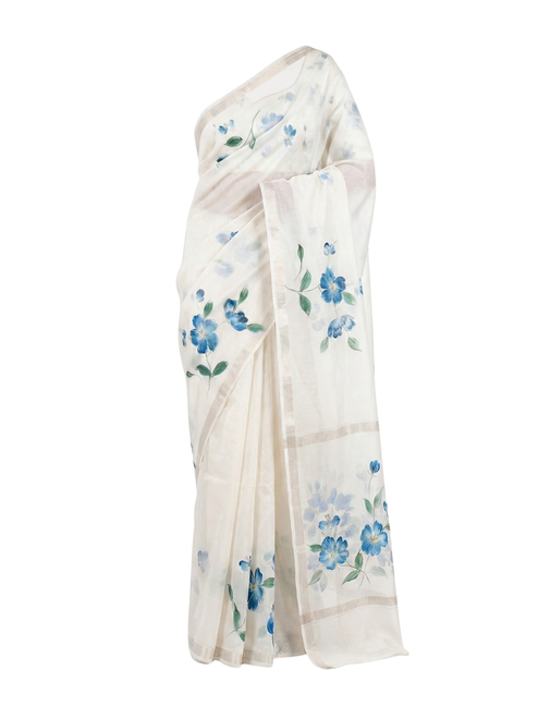 White Organza Hand-Painted Floral Saree with Silver Zari Border