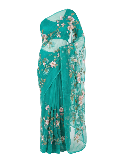 Teal Organza Saree with Multicolor Floral Embroidery