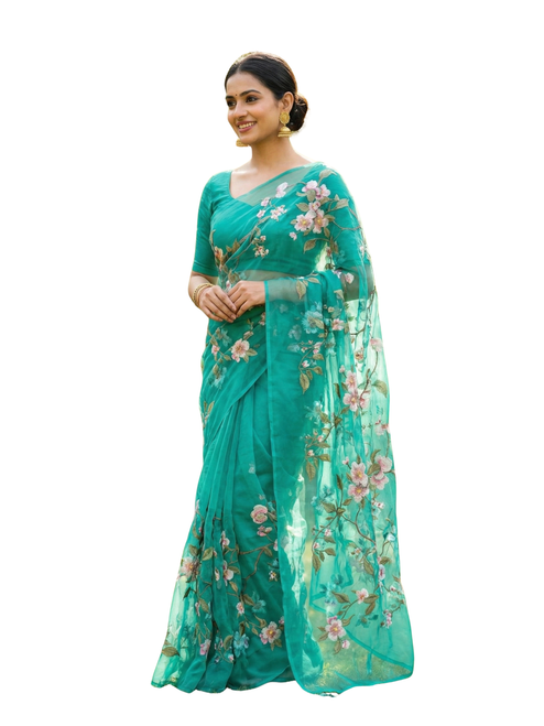Teal Organza Saree with Multicolor Floral Embroidery