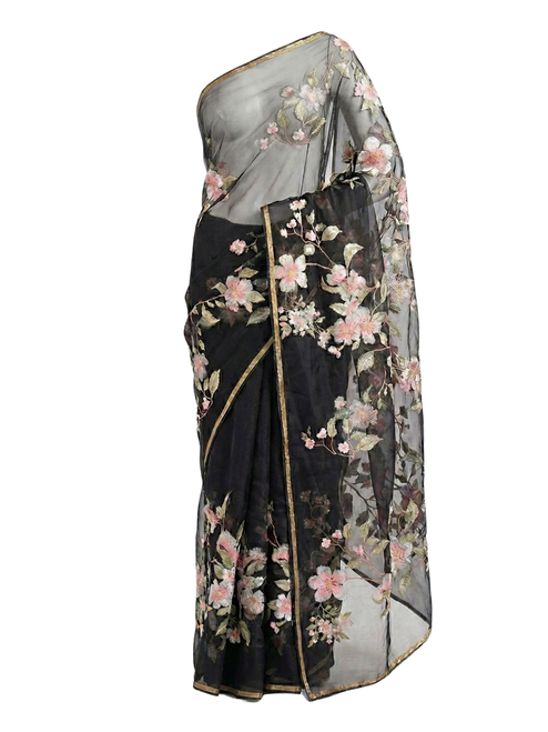 Black Organza Saree with Pastel Floral Embroidery and Golden Border