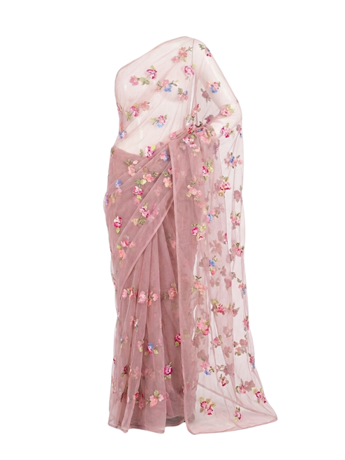 Dusty Pink Organza Saree with Multicolor Floral Embroidery