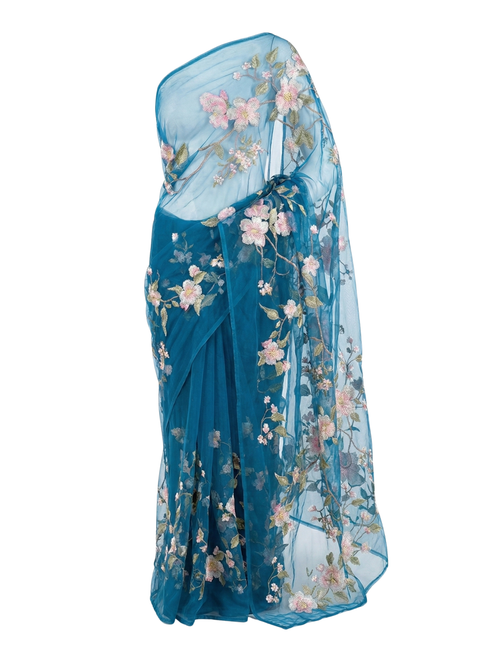Teal Blue Organza Saree with Multicolor Floral Embroidery