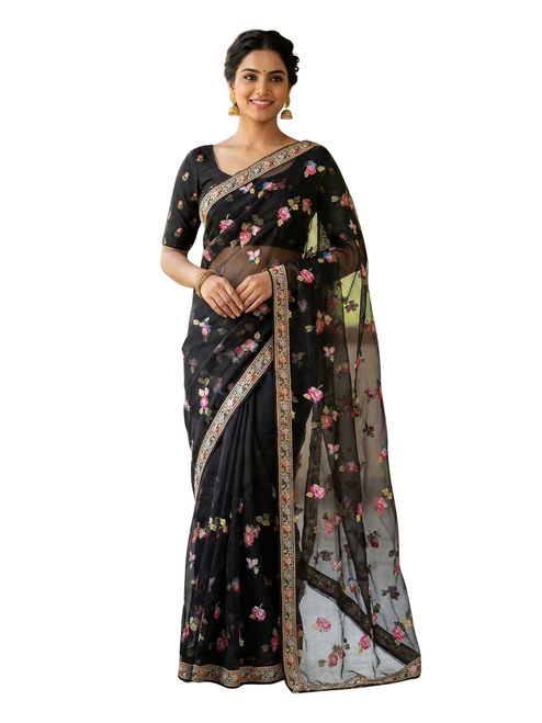 Black Organza Saree with Multicolor Floral Embroidery and Golden Embroidered Border