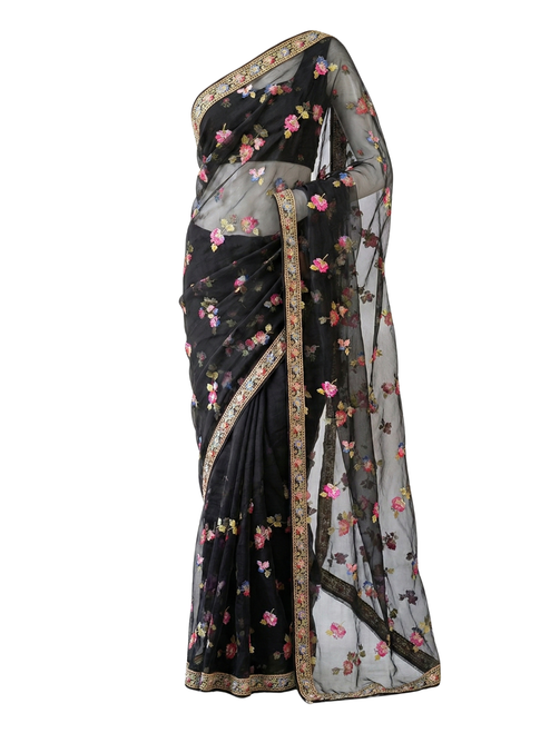 Black Organza Saree with Multicolor Floral Embroidery and Golden Embroidered Border