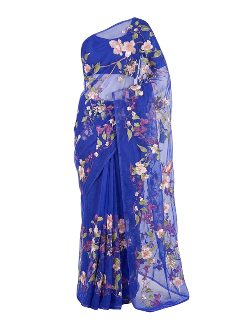 Royal Blue Organza Saree with Multicolor Floral Embroidery