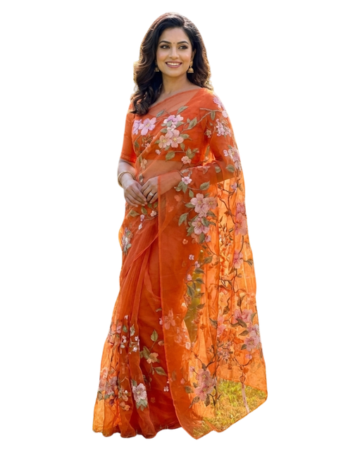 Rust Orange Organza Saree with Multicolor Floral Embroidery