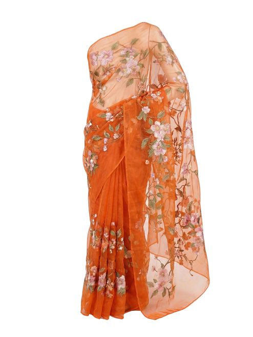 Rust Orange Organza Saree with Multicolor Floral Embroidery