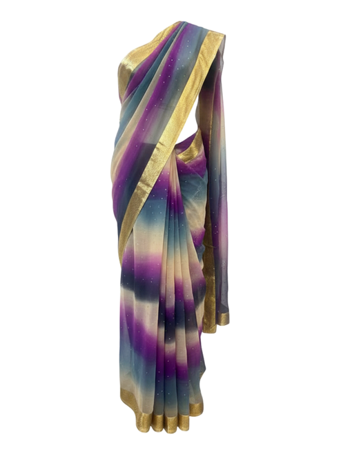 Rainbow Ombre Silk Saree with Stone Work and Golden Lace Border