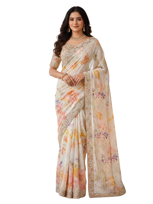 Ivory Daydream Floral Silk Saree