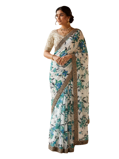 Ivory Azure Floral Silk Saree