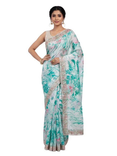 Pearl Lagoon Floral Silk Saree