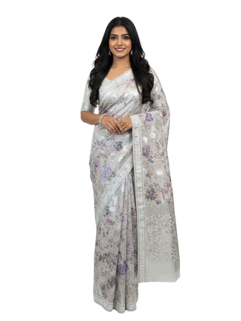 Silver Lilac Shimmer Organza Saree
