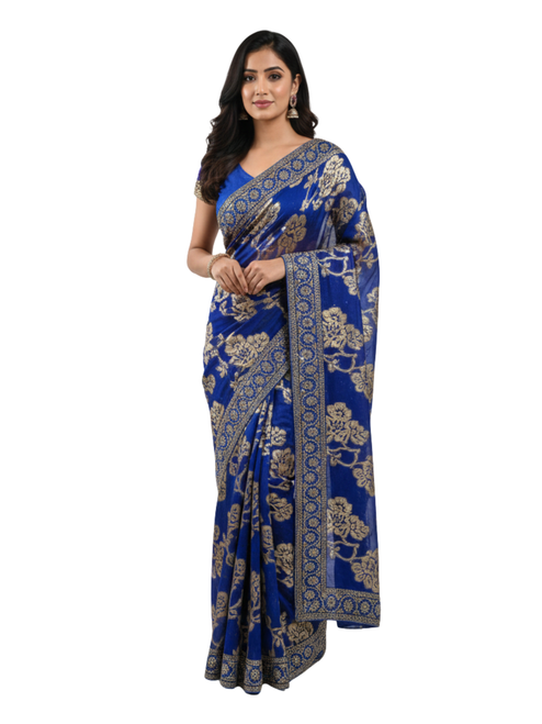 Royal Navy Floral Organza Saree