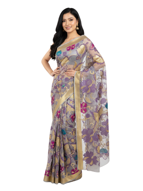 Hand-Painted Grey Saree with Multicolor Floral Motifs and Golden Zari Border