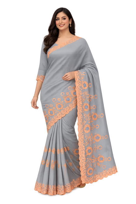Hakoba - Swiss Voile Cotton Grey Saree with Peach Embroidery