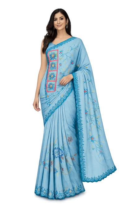 Hakoba Swiss Voile - Cotton Light Blue Saree with Floral Design