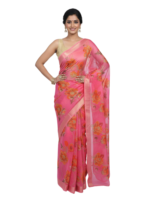Silk Hand-Painted Pink Saree with Orange Floral Motifs